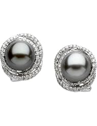 14K White Gold Tahitian Cultured Near Round Dark Grey "A" Quality Pearl and Diamond Earrings -- LIFETIME WARRANTY
