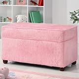 Kids Storage Bench Ottoman in Fuzzy Pink Fabric with Safety Hinges