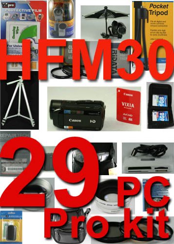 Canon HFM30 29 Piece Pro Kit with 5 Years Ext warranty Plan , 3 Piece Lens Cleaning Kit , Card case Holds 3 cards , High speed card reader , Table top Tripod , ultra compact with flexible wire leg , Camcorder Light , LCD protector , 16GB high speed card, 3 piece Filter kit, Rain sleeve, Soft case, full size Tripod, 2X Professional High Definition telephoto Lens with Lens Case , 0.5 X professional high Definition wide Angle Lens With land case , Close-up Macro Set, Deluxe camcorder Bag , Pop Abrella , External Zoom Microphone , High Power Battery Pack , HDMi Cable , Professional 58mm Digital video Lens Hood With Cap and cap keeper , Extra Cam Rudder : Excellent Handle For Video and cameras
