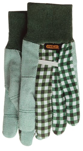 Tools: Stanley 6932 Green Plaid Pattern Reinforced Tip Cotton Garden Glove With Dots