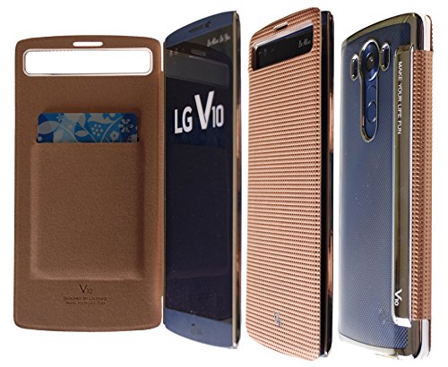 [Dot View Cover] PU Leather Window View Wallet Flip Case Smart Sleep Wake Protection Transparent Chrome Edge Rigid Shell Case for LG V10 (Gold)