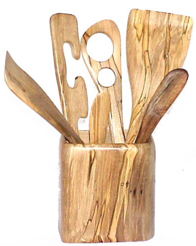 Baerreis Hand Crafted Kitchen Utensil Set - Six Natural Ambrosia Maple Wood Utensils - Ambrosia Maple Holder