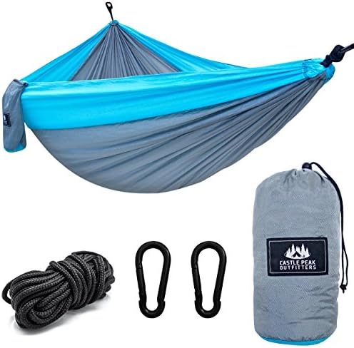 Castle Peak Outfitters XL Double Camping Hammock Swing - Parachute Nylon, Free Standing Hanging Hammock For Sleeping, Bedroom, Yard, Outdoors, Traveling Everything Included (gray/turquoise)