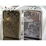 zippoライター*ジッポー（ペア）・和柄 風神雷神抜きプレート貼　真鍮古美＆ニッケル古美