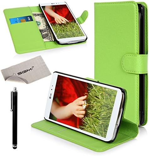 LG G3 Cover, SGM Premium PU Leather Wallet Stand Case Cover For LG G3 (2014) With SGM Cleaning Cloth + Black Stylus (Green)