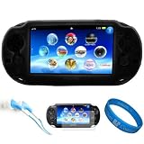 Black Premium Protective Silicone Skin Cover for New Sony PSP Vita Portable Handheld Gaming Device + Front and Back Clear Screen Protector + Blue Stereo Headphones + SumacLife TM Wisdom*Courage Wristband