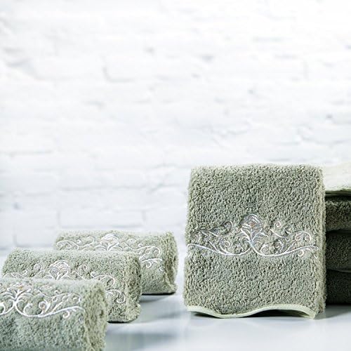 Fevrier - Elegant Embroidery Bath &amp; Spa Towel ,Hand Towel, 100% Genuine Cotton, Maximum Softness and Absorbency - set of 2, Green