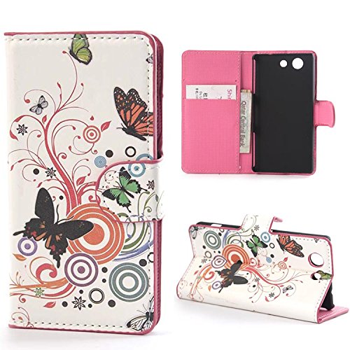 Yakamoz PU Leather Round Flower Butterfly Flip Wallet Card Slots Stand Case Cover for Sony Xperia Z3 Compact D5803 (Not for Xperia Z3) with Free Screen Protector & Stylus Pen