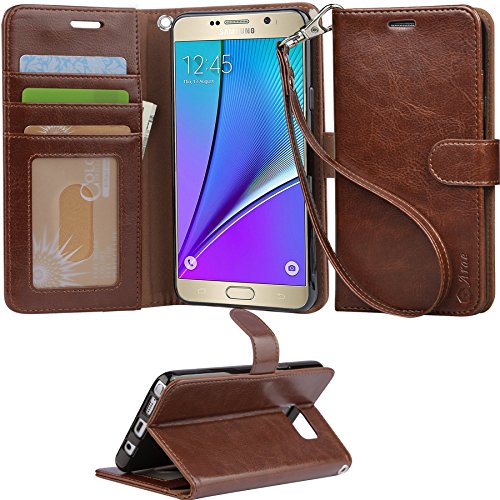 Note 5 Case, Arae Galaxy Note 5 wallet case, PU leather kickstand case[Wrist Strap] with ID&Credit Card Pockets For Galaxy Note 5(Brown)