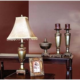 5pc Table Lamp and Candle Sticks Set in Antique Gold Finish
