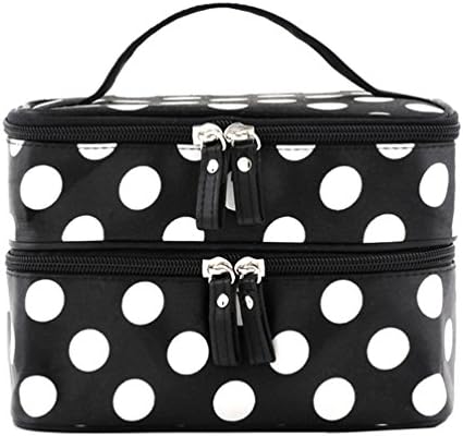 CNToWorld Polka Dots Double Layer Dual Zipper Cosmetic Bag Make-up Bag Toiletry Bag Hand Case Bag (black and white)