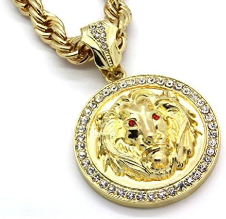 POPLife Men's Golden Tone 30" Rope Chain Lion Face Red Eyes Pendant Necklace
