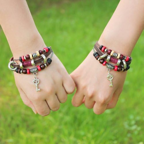 1 pair Handmade Elegant Key Bead Leather Bracelet Bangle Punk Rock Lovers Jewelry Hip Mall