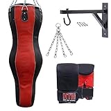 Hit 'Em Hard ® 5ft Real Leather Body Angle Boxing Punch Bag 4pcs Training Fight Mitts Chain