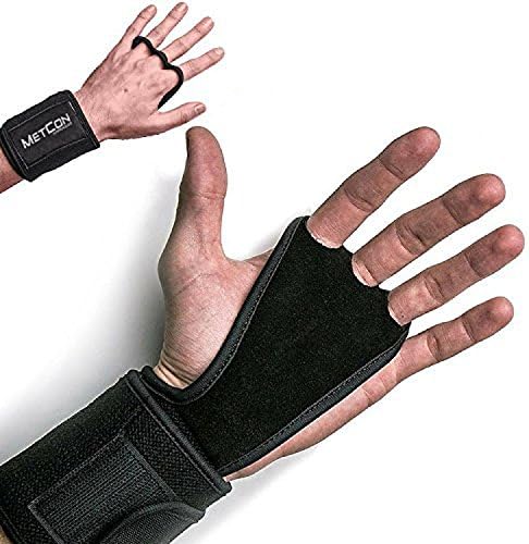 MetCon Warehouse Leather Hand Grips with wrist support for Cross Fitness WODs, Pull Ups, Kettlebell workouts, Barbell Training, Weightlifting and more (Black, Small)