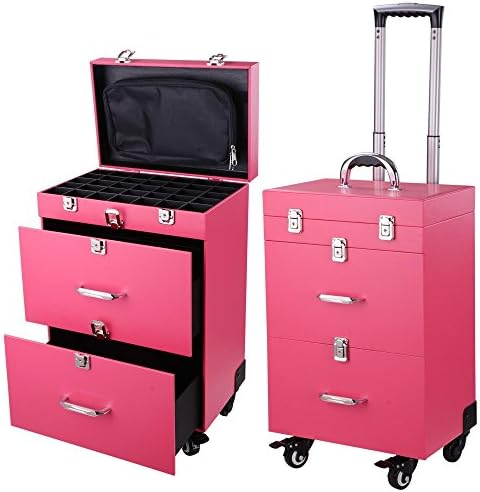 Pink PVC 14x9x20" 4-Wheel Rolling Makeup Case Nail Drill Cosmetic Artist Trolley