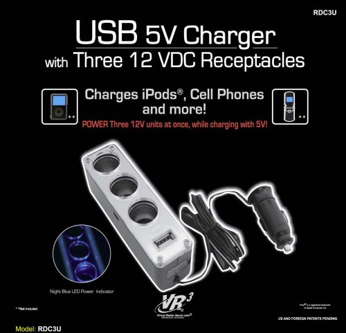 NEW VR3 USB CAR CHARGER POWER PORT 3 OUTLETS FITS IPOD