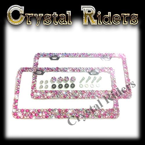 2 Bling License Plate Frames with PINK Small Crystal Mix Ab Iridescent HOT PINK 4 SCREW CAPS AND SCREWS MADE IN US Clear Metal Chrome Zink Alloy Holder Sparkly Sparkle Custom Hand Made Hand Crafted