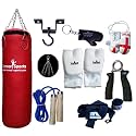 Vinyl Red Punch Bag Sets 3 feet with Free Chrome Plated chain, Bag Mitts, Heavy dute Metal Ceiling Hook, Nylon Skipping Rope Blue, Boxing Glove UK Flagged Miniature and novelty, Boxing Gloves Key Chain Black and Black Hand Wraps