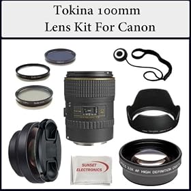 Tokina 100mm f/2.8 AT-X M100 AF Pro D Macro Autofocus Lens Kit for Canon EOS. Package Includes: Tokina 100mm Lens, 0.45x Wide Angle Lens, 2x Telephoto Lens, Lens Cap, Lens Hood, Lens Cap Keeper, 3 Piece Filter Kit (UV-FLD-CPL) and SSE Microfiber Cleaning Cloth