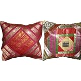 2 Pink Orange Ethnic Vintage Sari Zari Borders Toss Pillow Cushion Covers Free Shippingby Mogulinterior