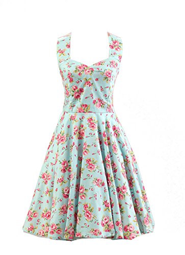 Ensnovo Womens Vintage 1950s Halter Floral Spring Garden Party Picnic Dress