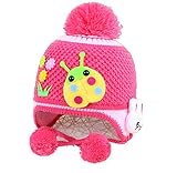 【Ludus Felix】ボンボン付き　耳あてニット帽　てんとう虫×うさぎ　ウール　ベビー　キッズ　赤ちゃん　子供 (ピンクレッド)