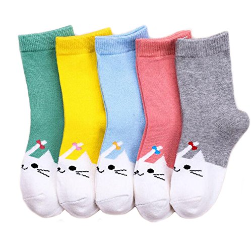 JiaDuo Baby Girls Cotton Ankle Socks Breathable Cartoon Cat Pack of 5