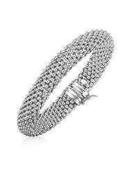 Sterling Silver Rounded Motif Mesh Bracelet with Rhodium Plating
