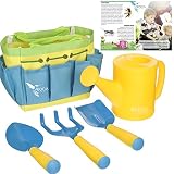 ROCA Home Gardening Tools for Kids Fun Outdoor Early Learning Summer Toys. Shovel, Spade, Trowel, Watering Can, Cute Carry Bag and Learning Guide, Connect with Nature, Plants Flowers, Trees and More!