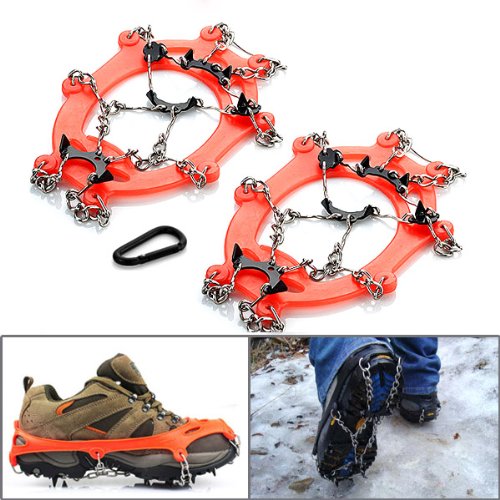 2x No Silp Ice Cleat Shoe Boot Tread Grips Traction Crampon Chain Winter Sport Snow w/ Pouch Carabiner For Camping Hiking Fishing Hunting Outdoor Sports Activities