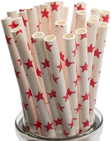 50 PACK: RediGreen Red Stars on White Biodegradable Paper Straws