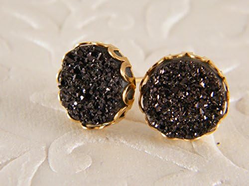 Hand made black druzy gold stud earrings