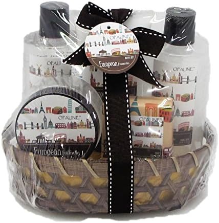 6 Pc European Formula Bath Spa Gift Set in Basket - Shower Gel, Bubble Bath, Body Lotion, Body Scrub, Soap,