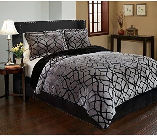 3 Piece King Light Black Velvet Comforter Set, Reversible Bedding, Geometric Pattern,Stylish Luxury Bedding, Gorgeous and Beautiful Quality, Fancy Color, Bright Grey