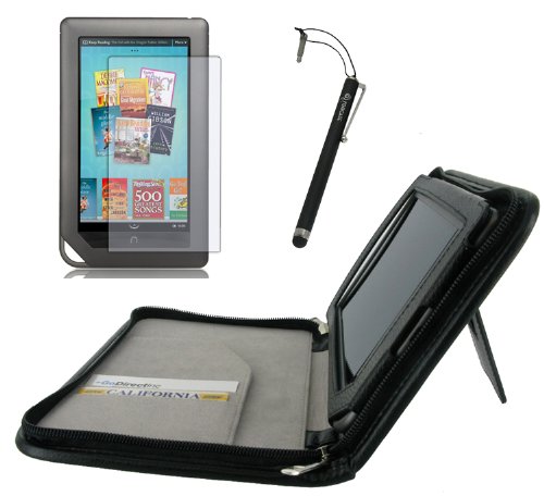 rooCASE 3n1 Executive Leather Portfolio (Black) Case Cover with Stand / Capacitive Stylus / Screen Protector for Barnes and Noble NOOKcolor Nook Color eBook Reader (NOT Compatible with NOOK HD)