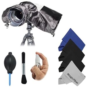 Camera Rain Protector Cover for Large DSLR Cameras (CANON REBEL EOS T3i T2i T1i XT XTi XSi 60D 7D, NIKON D7000 D5100 D5000 D3200 D3000 D90 D80) + Deluxe Cleaning Kit + 4 MagicFiber Microfiber Lens Cleaning Cloths