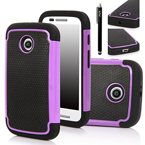 E LV Shock-Absorption Dual Layer Armor Defender Case for Moto E 1st Generation (XT1021 / XT1022 / XT1025) Bundle with Stylus and Microfiber Digital Cleaner - Purple