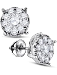 14K White Gold Round Brilliant Cut Diamond - Flower Shape Milgrain Prong Set Studs Earrings with Secure Screw Back Closure - (1/3 cttw.)
