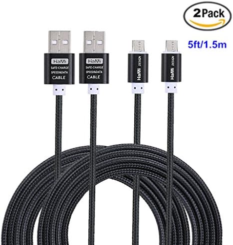 Hami Micro USB Cable Nylon Braided Cable Charging Sync Data Durable for Android, Samsung Galaxy, HTC, Nokia, Sony and Other Tablet Smartphone 2 Pieces 5 Feet (1.5 Meter) - Black