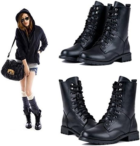Ltfei Women Ankle Booties Military Combat Boots Lace Up Cowboy Fashion Dress Shoes Black 8