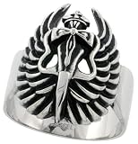 Stainless Steel 1 1/16 in. (27 mm) Dagger & Wings Gothic Ring (Available in Sizes 9 to 15)