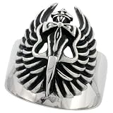 Stainless Steel 1 1/16 in. (27 mm) Dagger & Wings Gothic Ring, size 10