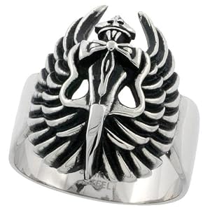 Stainless Steel 1 1/16 in. (27 mm) Dagger & Wings Gothic Ring
