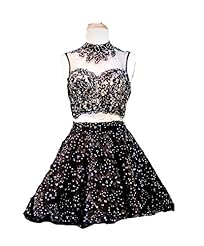 Beaded Lace Applique Sheer  Open-Back High-Neck Tulle Homecoming Dress  With Ruffles