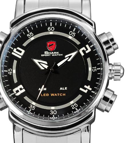 New Watch Classic SHARK Mens Black Dial Date Day Alarm LED Quartz Steel Sport Wrist Watch
