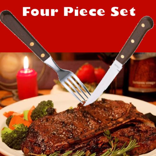 Restaurant Quality 4 Piece Steak Knife and Fork Set with Dark Pear Wood Handles and Stainless Steel Blades & FREE UK Delivery