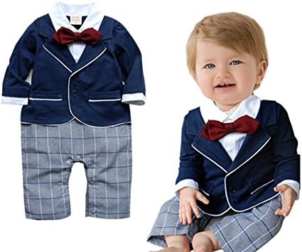 Baby Boy Red Bowtie Jacket Plaid Pants Formal Wear Romper Onesie, Navy