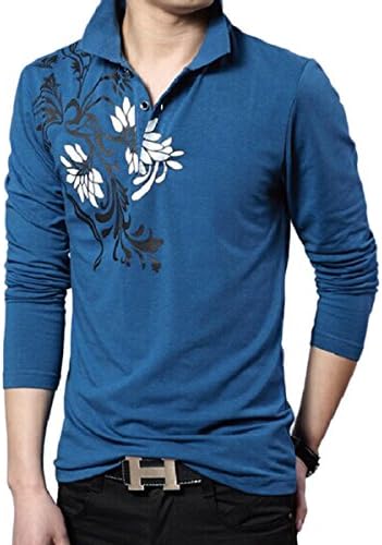 Hosok Men's Flower printed Slim Fit Top Designed POLO long-sleeved T-Shirts (XXL, blue)