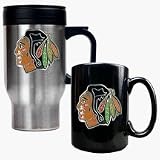 Chicago Blackhawks Stainless Steel Travel Mug and Black Ceramic Mug Set